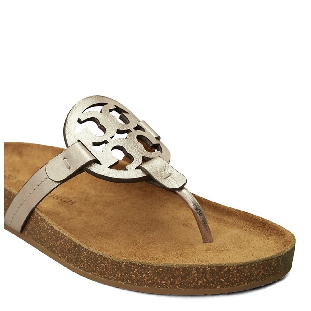 Tory Burch Miller Cloud Metallic Sparkle Gold Leather Thong Sandals